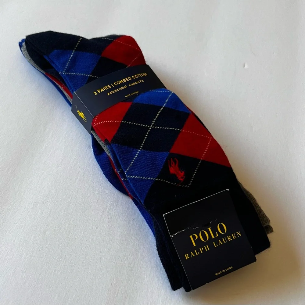 RALPH LAUREN POLO MENS 3 Pair COTTON BLEND SOCKS ARGYLE MIX BLUE RED GRAY OS NWT
